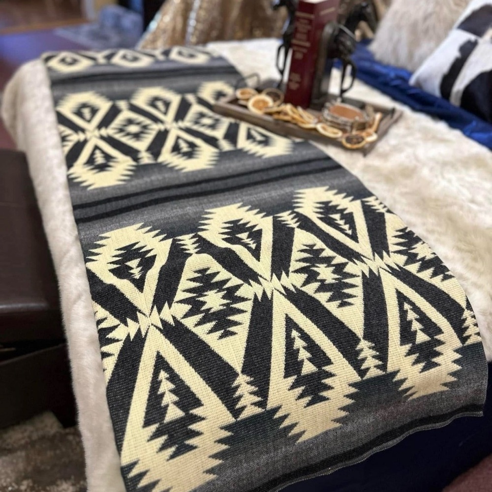 Aztec Patterned Reversible Blanket in Gray, White, and Ivory 98”length